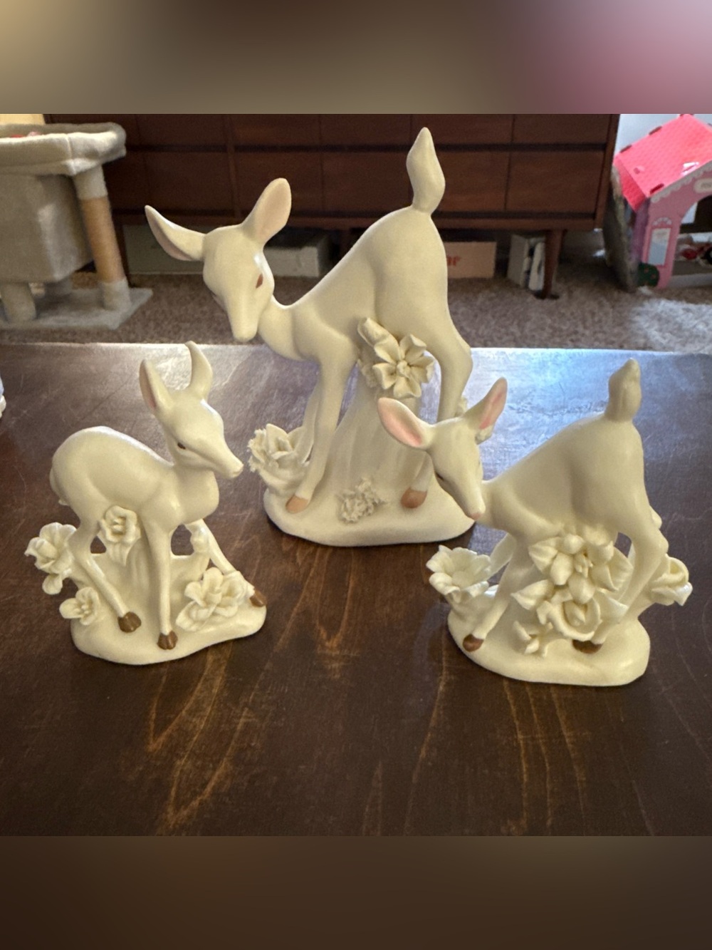 VINTAGE Bisque Ceramic Albino White Deer 3 Figures Unmarked rare